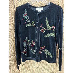 susan bristol cardigan Velvet Winter Pine Sprigs Berries Medium Christmas